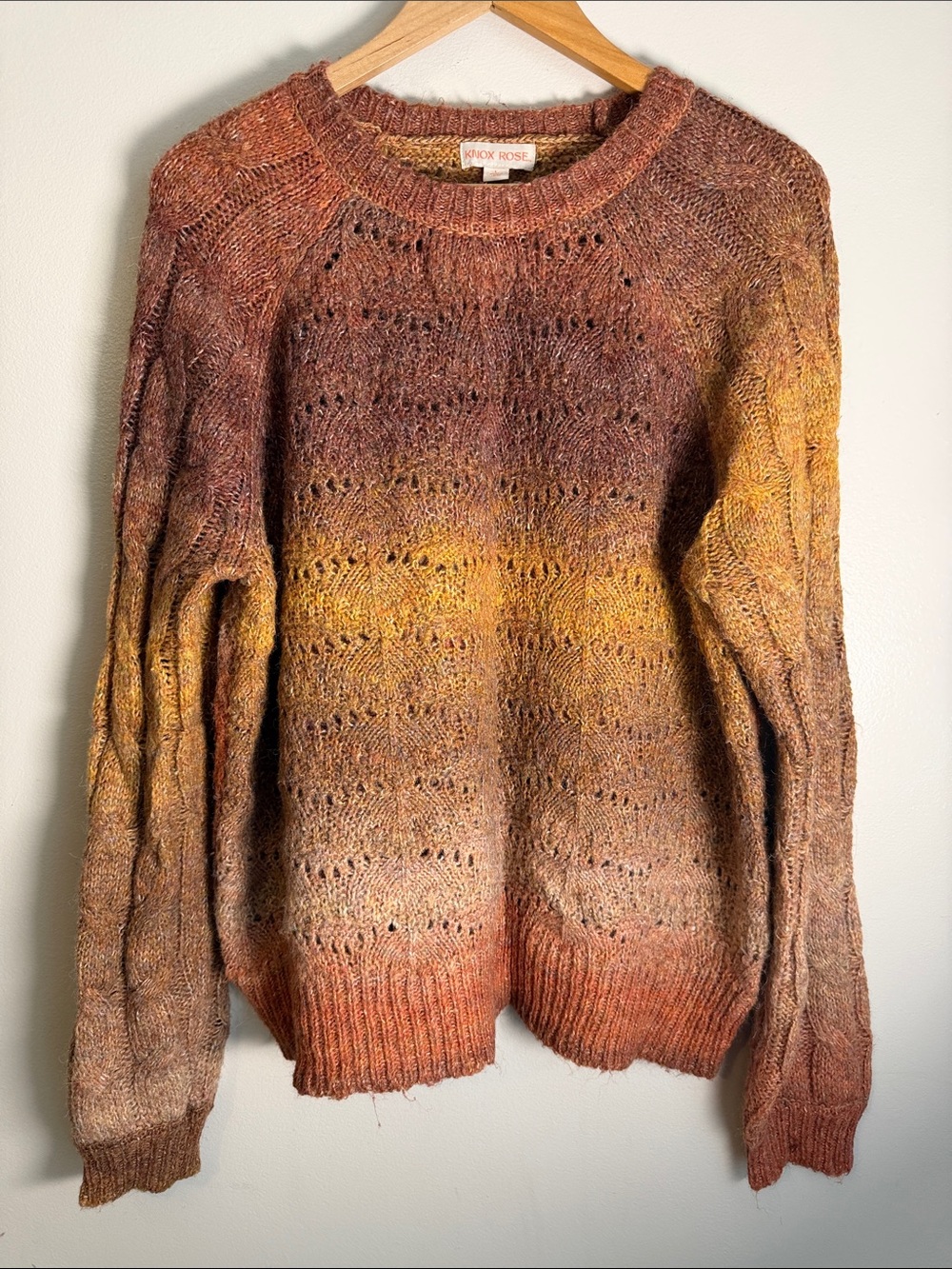 Knox Rose Heritage Gradient Warm Fall Ombre Pointelle Cable Knit Sweater, L